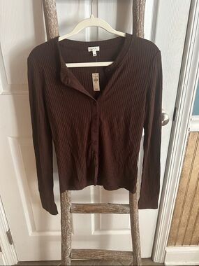 aerie Brown Ribbed Long Sleeve Button-Up Top